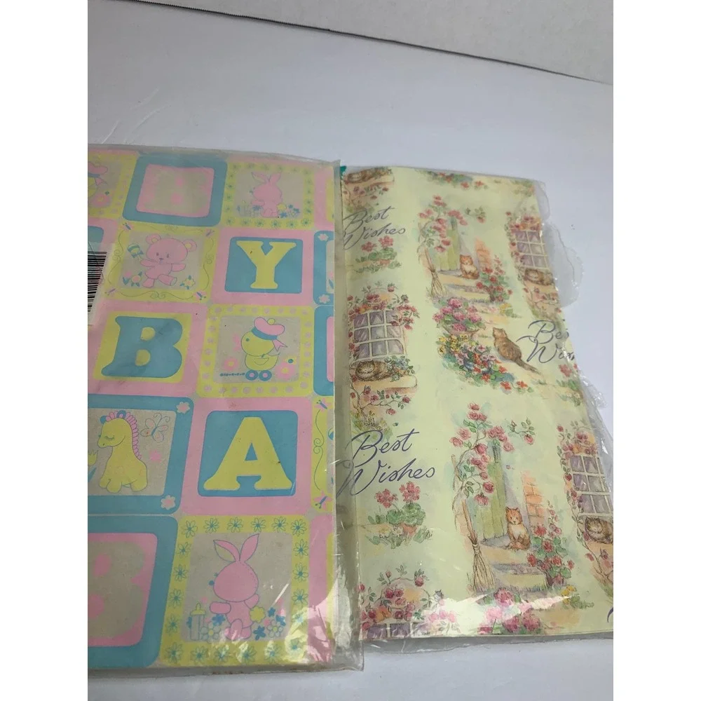 Vintage Gift Wrap Set Baby Shower Blocks & Wedding‎ Best Wishes Cats Floral 2pk